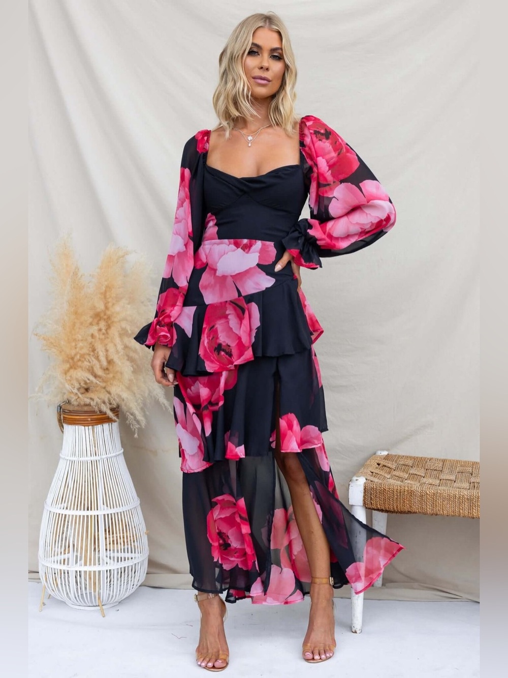 Black & Pink Floral Tiered Maxi Dress with Puff Sleeves